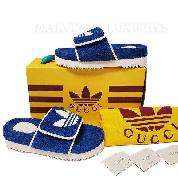GUCCI MENS SHOES ADIDAS X GG BLUE COTTON SPONGE PLATFORM SANDAL SLIDE sz 9 9.5 - Picture 2 of 16